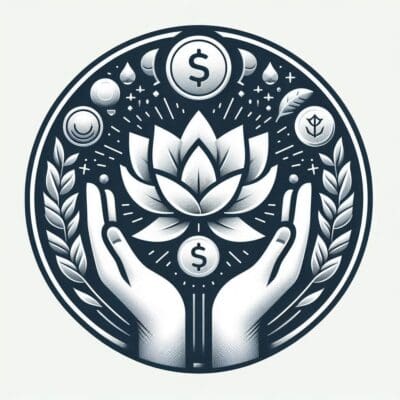 Hands holding lotus flower, money symbols.